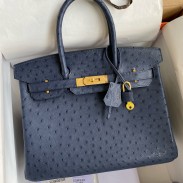 Hermes Birkin 30 Retourne Handmade Bag In Blue de Malte Ostrich Leather