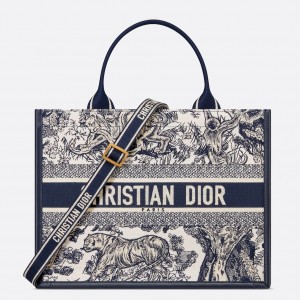 Dior Medium Book Tote Bag with Strap in Blue Toile de Jouy Sauvage Embroidery