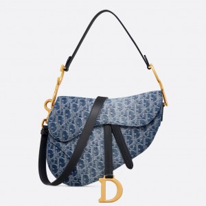 Dior Saddle Bag with Strap in Blue Denim Oblique Jacquard