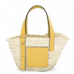 Loewe Small Basket Bag in Raffia and Yellow Calfskin