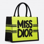 Dior Medium Book Tote Bag in Yellow and Blue Miss Dior Graffiti Embroidery 