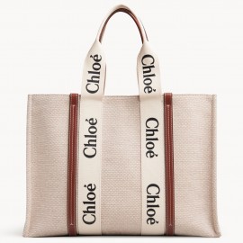 Chloe Large Woody Tote Bag in Canvas with Brown Leather Strips