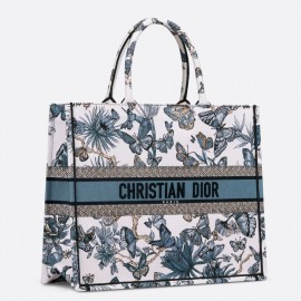 Dior Large Book Tote Bag in White and Blue Toile de Jouy Mexico Embroidery 