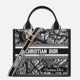 Dior Small Book Tote Bag with Strap in Plan de Paris Embroidery and Black Calfskin