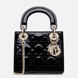 Dior Lady Dior Mini Chain Bag with Chain in Black Patent Calfskin