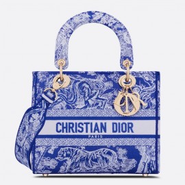 Dior Lady D-Lite Medium Bag In Fluorescent Blue Toile de Jouy Reverse Embroidery