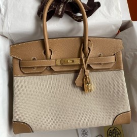 Hermes Birkin 30 Handmade Bag In Toile & Chai Epsom Leather 