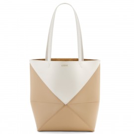 Loewe Medium Puzzle Fold Tote Bag in White/Beige Calfskin