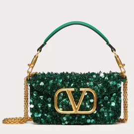 Valentino Small Loco Shoulder Bag with Green 3D-effect Embroidery