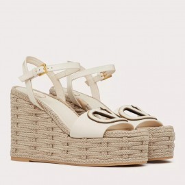 Valentino VLogo Cut-out Espadrille Wedge Sandals in White Leather