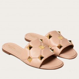 Valentino Roman Stud Flat Slides In Powder Quilted Nappa