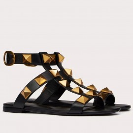 Valentino Roman Stud Flat Sandals In Black Calfskin