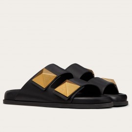 Valentino One Stud Slide Sandals In Black Calfskin