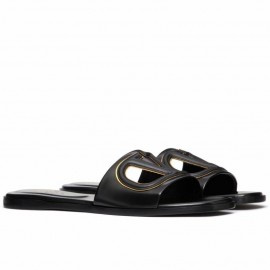 Valentino VLogo Cut-out Slide Sandals in Black Leather