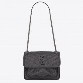 Saint Laurent Niki Baby Chain Bag In Dark Grey Crinkled Leather