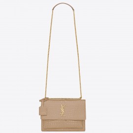 Saint Laurent Sunset Medium Chain Bag In Beige Crocodile-embossed Leather 