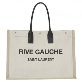 Saint Laurent Rive Gauche Tote Bag in White Linen and Black Leather