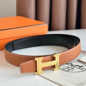 Hermes H Reversible Belt 32MM in Gold Clemence Leather