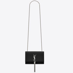 Saint Laurent Kate Tassel Small Bag In Noir Crocodile-embossed Leather